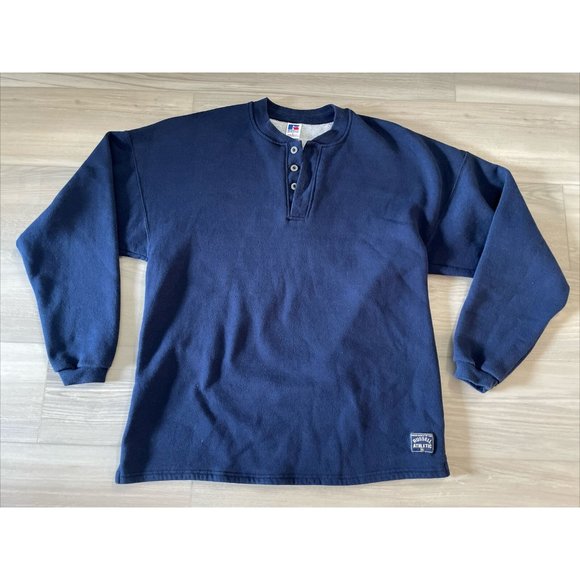 Vintage‎ Russell Athletic Made USA Henley Fleece Sweatshirt Navy Blue Mens Large - Picture 1 of 9
